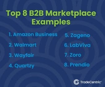 List of the top 8 B2B Marketplace examples. The list is made of Amazon Business, Walmart, Wayafir, Quartzy, Zageno, LabViva, Zoro, and Prendio, in that order.